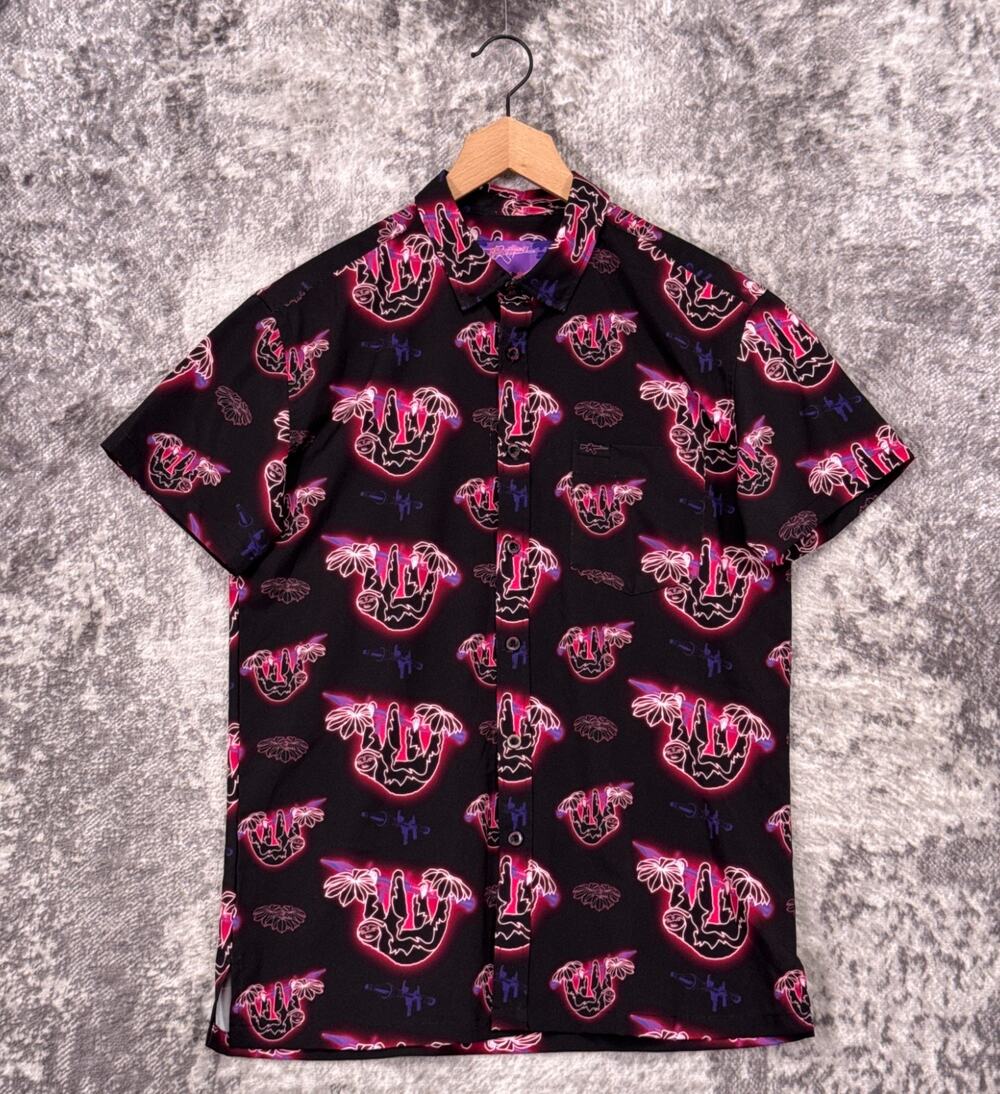 Retro Rifle Shirt Medium Mens Slow N Steady Sloth Neon Graphic Button Down
